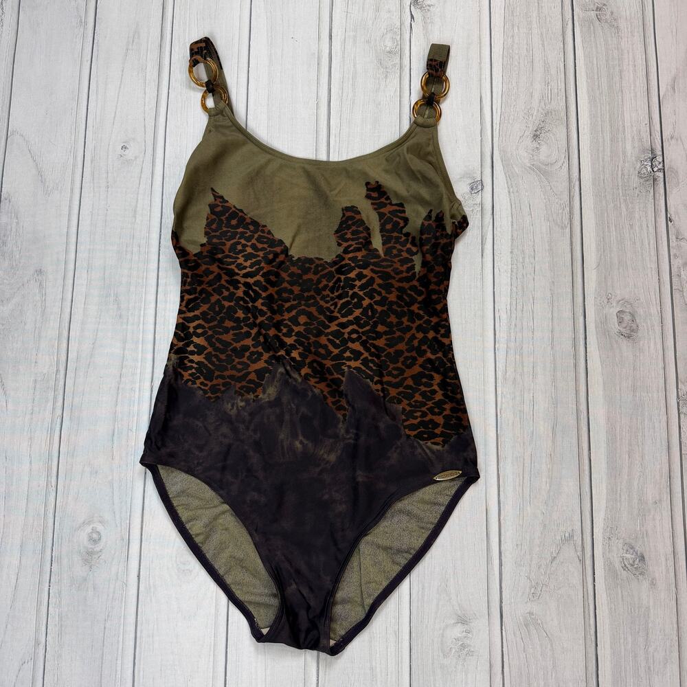 Sunflair Leopard Print One Piece Swimsuit Size 12 Ring Strap Retro